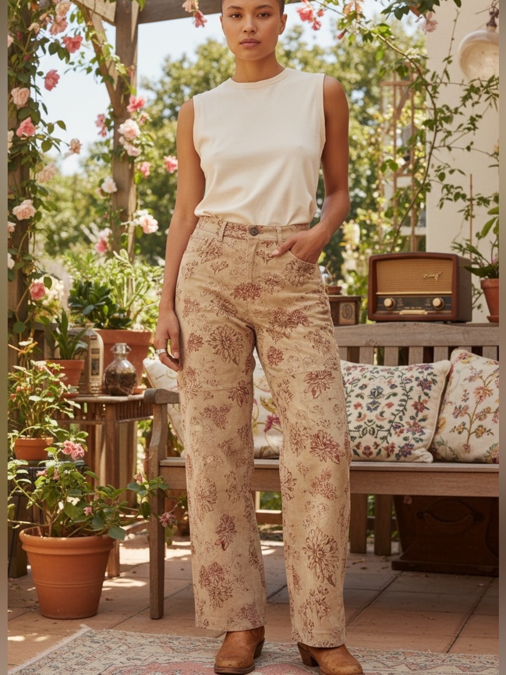 Y2K CAL CALI TAN SUEDE LEATHER W ROSE TONES FLORAL PRINT BOHO MID-RISE PANTS 8